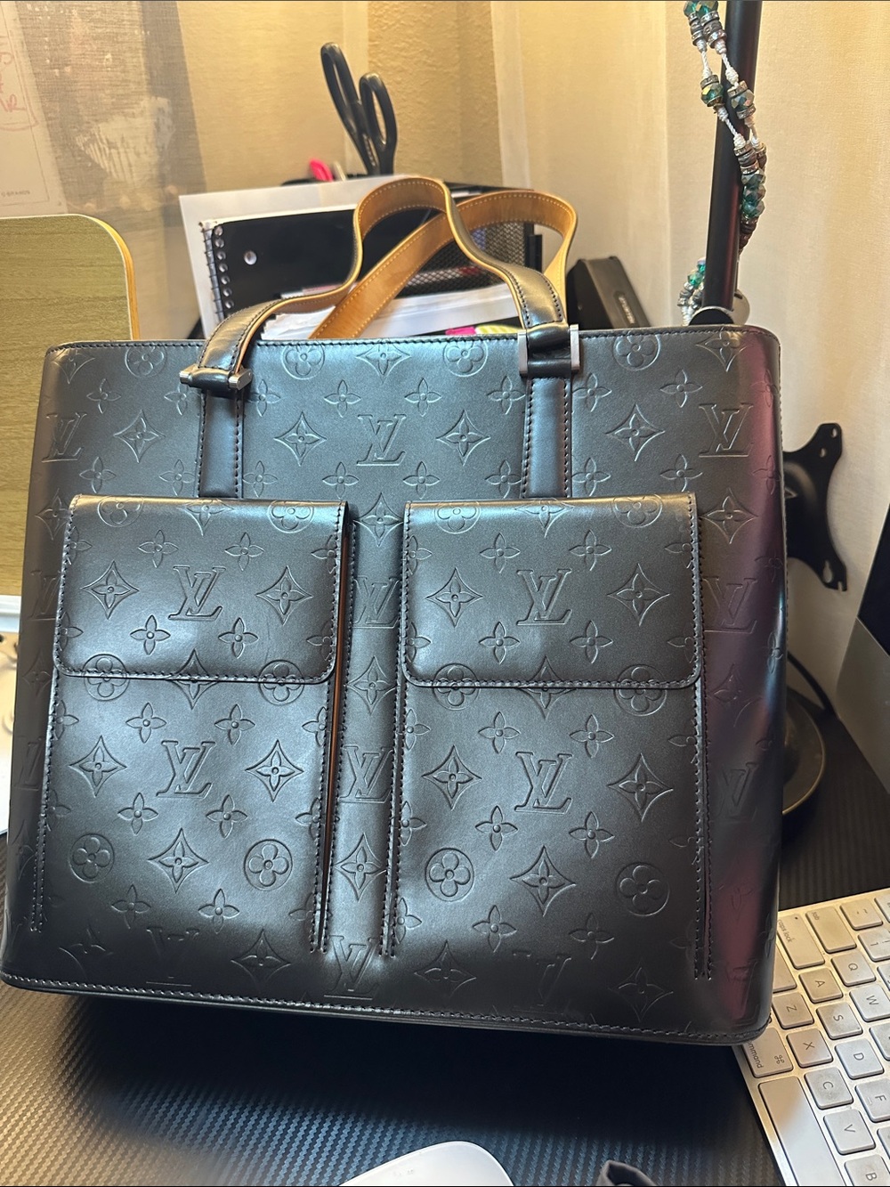Louis Vuitton Black Embossed Monogram Leather Briefcase with Tan Handles